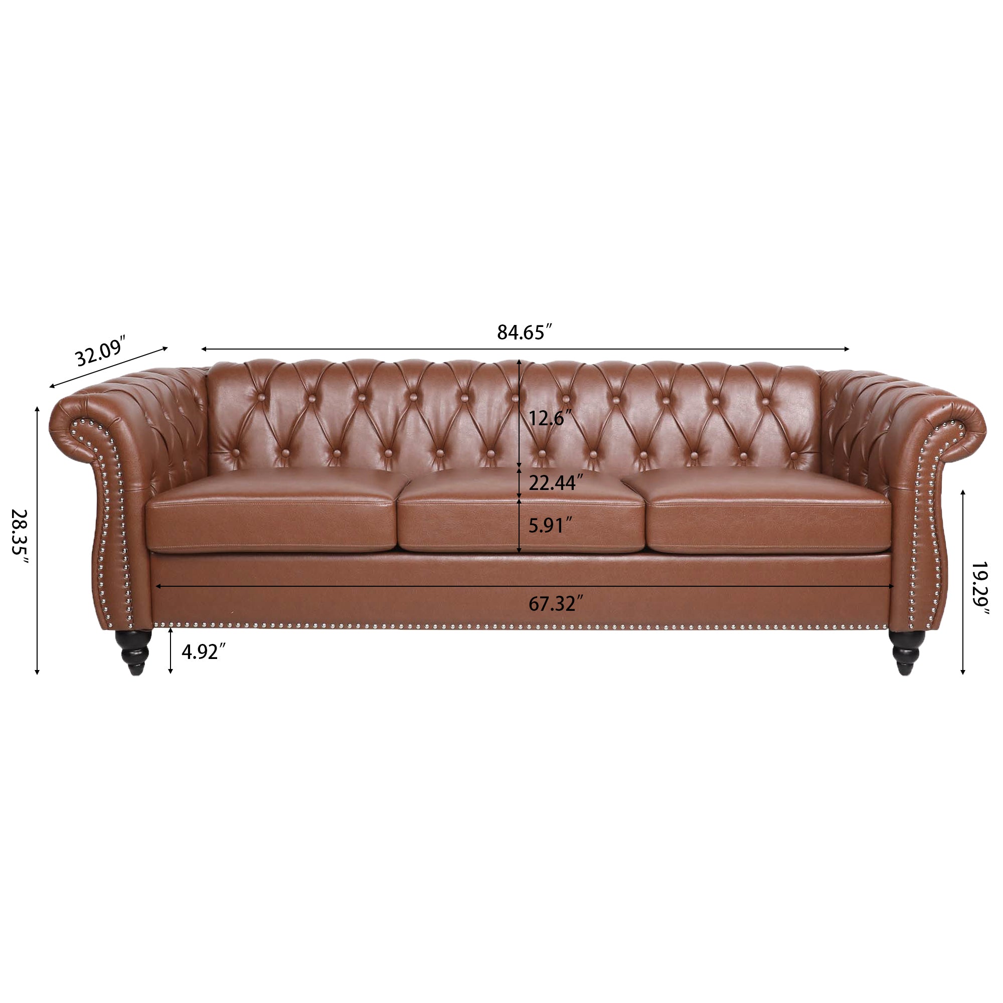 Classic Chesterfield Three Seater Sofa Brown PU Leather with Rolled Arms and Birch Legs 84.65 Inches - Grand Goldman Shop