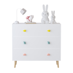 Kids 3 Drawer Dresser, White Nursery Storage Cabinet with Anti-Tip Safety Feature, Solid Wood and MDF Construction, Compact D