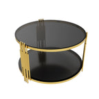 Modern Black Mirror Coffee Table, Asymmetrical Metal, Circular Metal Drum Base, Gold Finish & Lower Shelf - Grand Goldman Shop