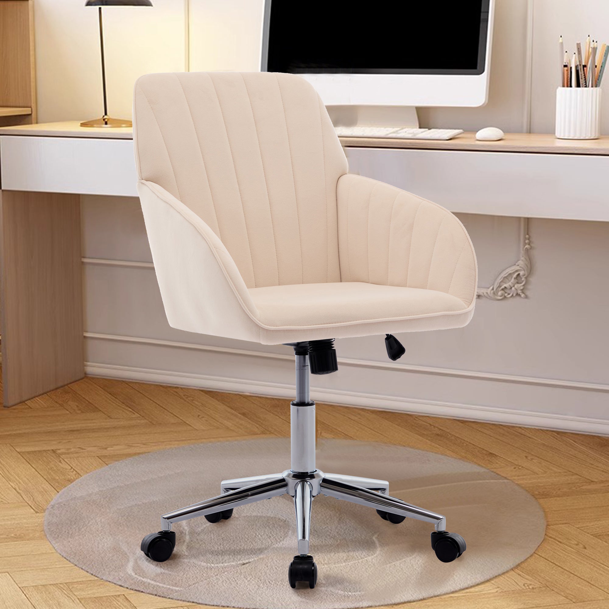 TY Ergonomic Office Chair with Adjustable Backrest and Armrests, Khaki Velvet Comfort Chair for Home or Bedroom, 24.6 x 22.8 