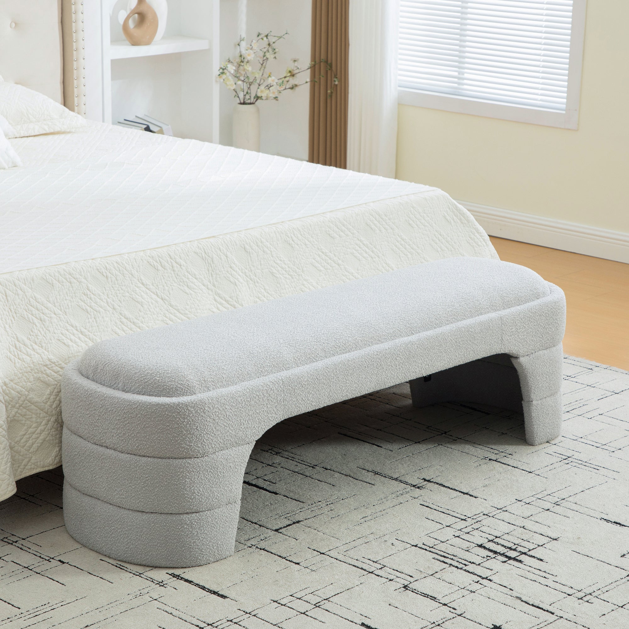 64.96'Wide Modern Upholstered Armless Upholstered Bedroom Benches End of Bed Bench for Entryway, Ottoman Foot Stool for Living Room and Bedroom, Entryway,Light gray Boucle - Grand Goldman Shop