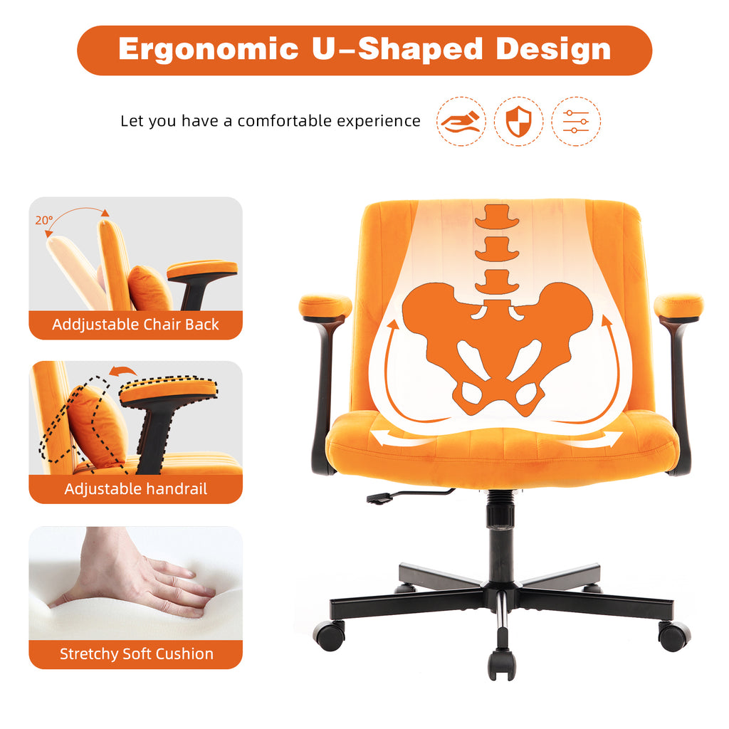 Orange Velvet Criss Cross Armrest Office Chair with Wheels - Stylish for Home Office, Gaming & Makeup - Grand Goldman