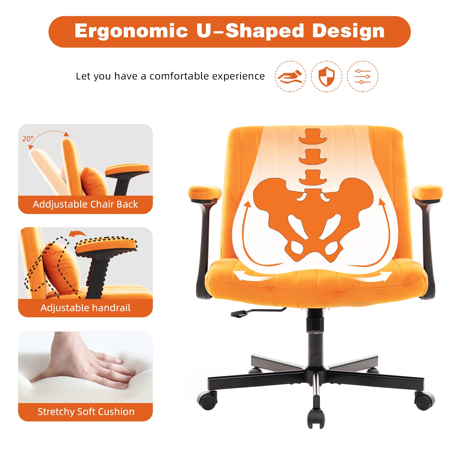 Orange Velvet Criss Cross Armrest Office Chair with Wheels - Stylish for Home Office, Gaming & Makeup - Grand Goldman