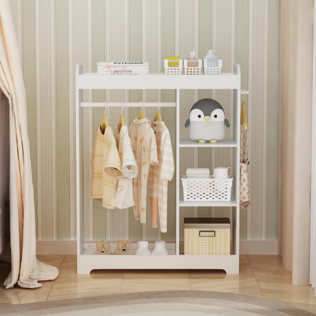 Kids Dress Up Storage with Mirror and Hooks, Wooden Dress Up Clothes Rack with Hanging Rod, 3 Side Hooks, Storage Shelves and