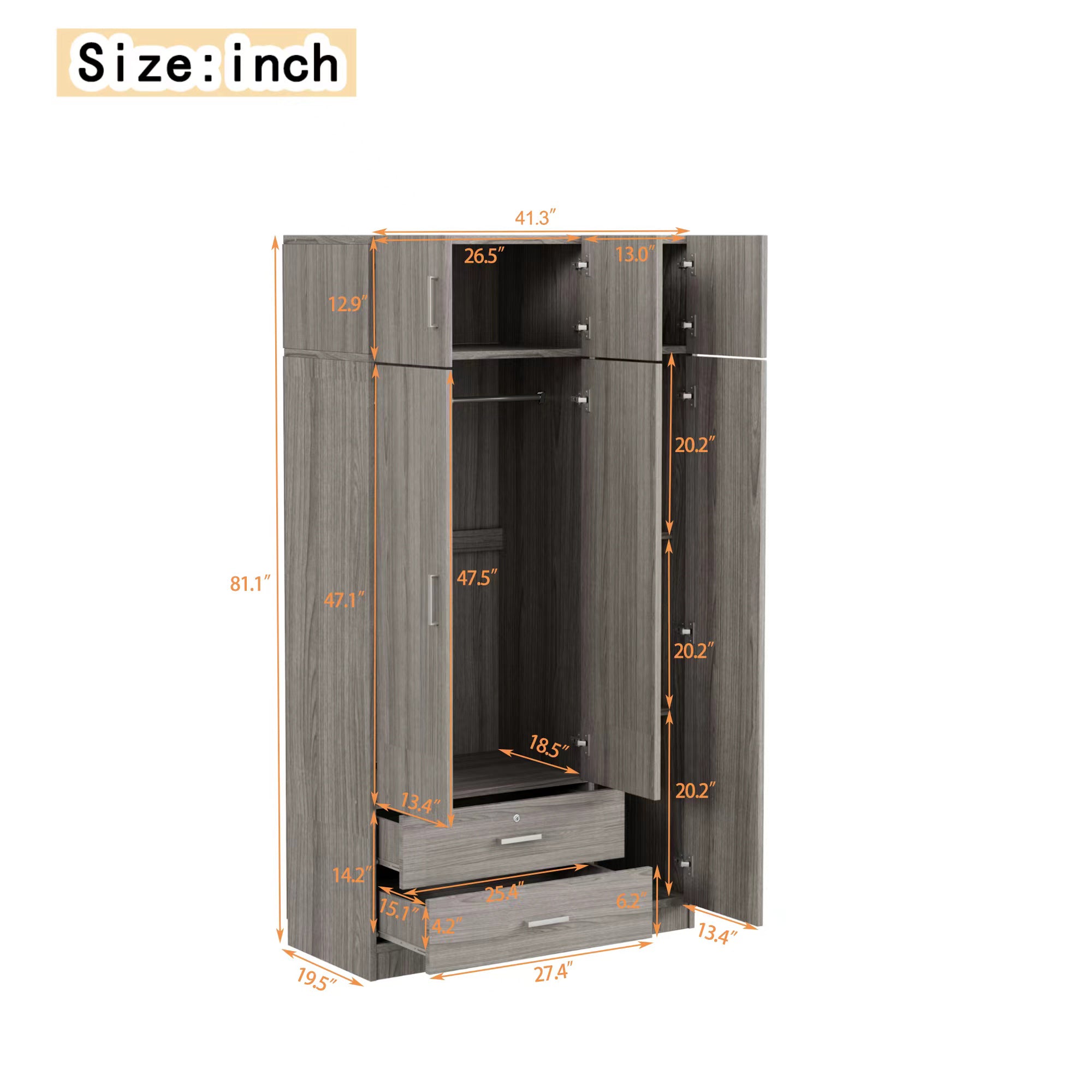 Modern Gray 3-Door Mirror Wardrobe with 2 Drawers and Top Cabinet, Particle Board - Grand Goldman Shop
