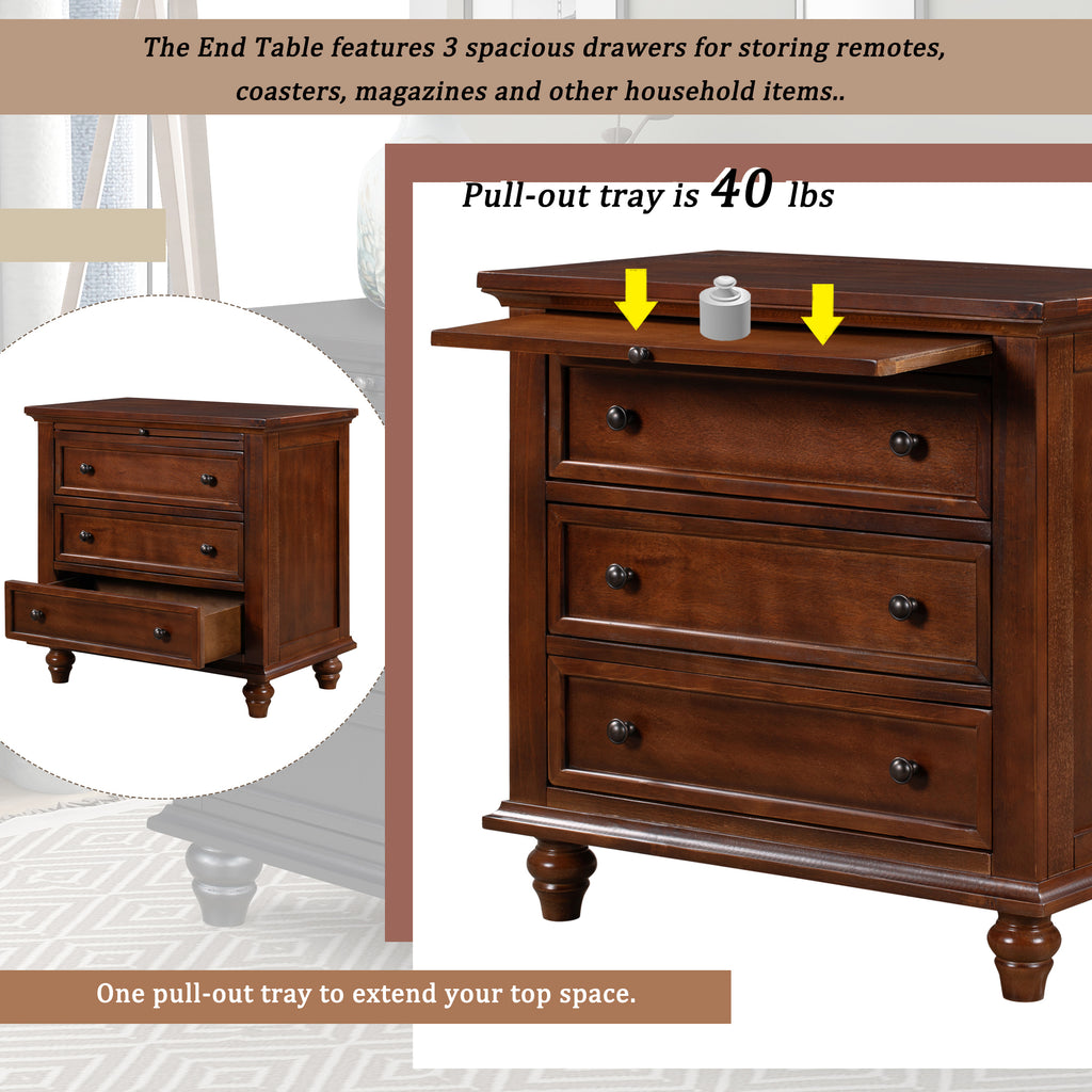 U_STYLE 27.6''Nightstand with Pine Wood veneer , Fashion Bedside Cabinet with 3 Drawers and pull-out tray, Minimalist Sofa Side Table with rubber legs and Metal handle for Bedroom Sofa Couch Office - Grand Goldman Shop