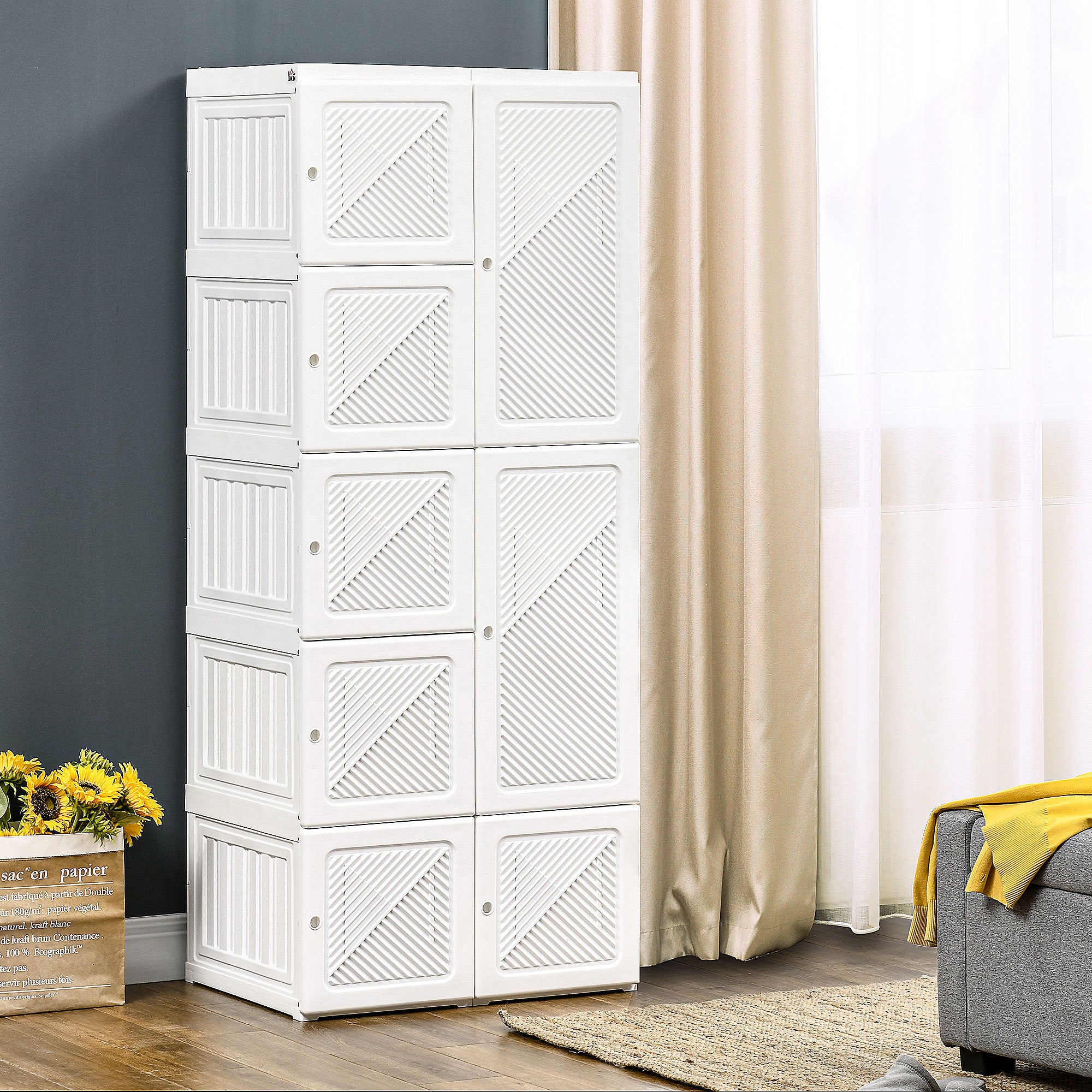 HOMCOM Portable Wardrobe Closet, Folding Bedroom Armoire, Clothes Storage Organizer with 8 Cube Compartments, Hanging Rod, Magnet Doors, White - Grand Goldman Shop