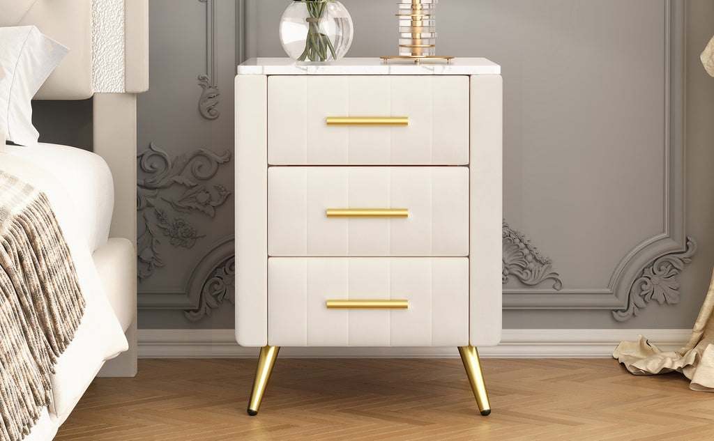 Upholstered Wooden Nightstand with 3 Drawers and Metal Legs&Handles, Bedside Table with Marbling Stickers Worktop - Beige - Grand Goldman Shop