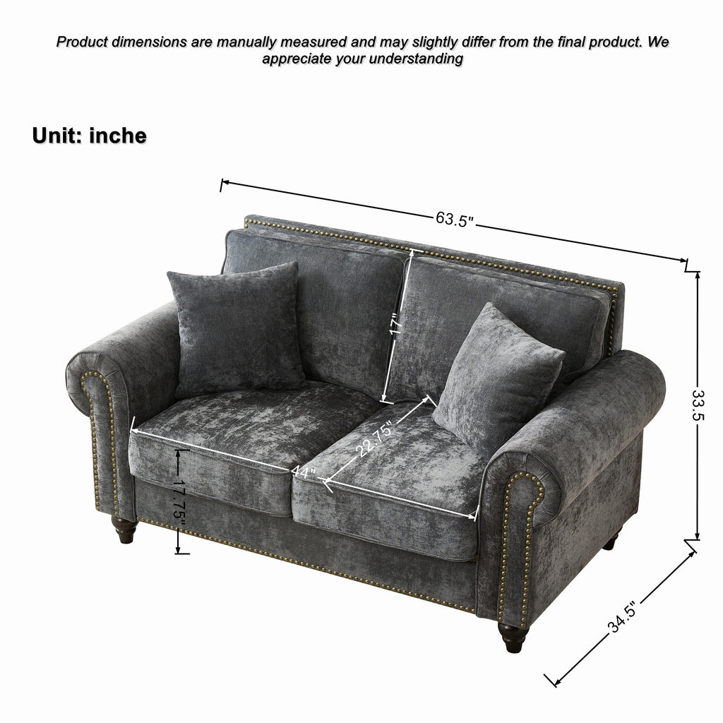 Modern 2-Seater Sofa with Rolled Arms, Tufted Upholstered Couch in Gray Fabric, 63 Inches - Grand Goldman Shop