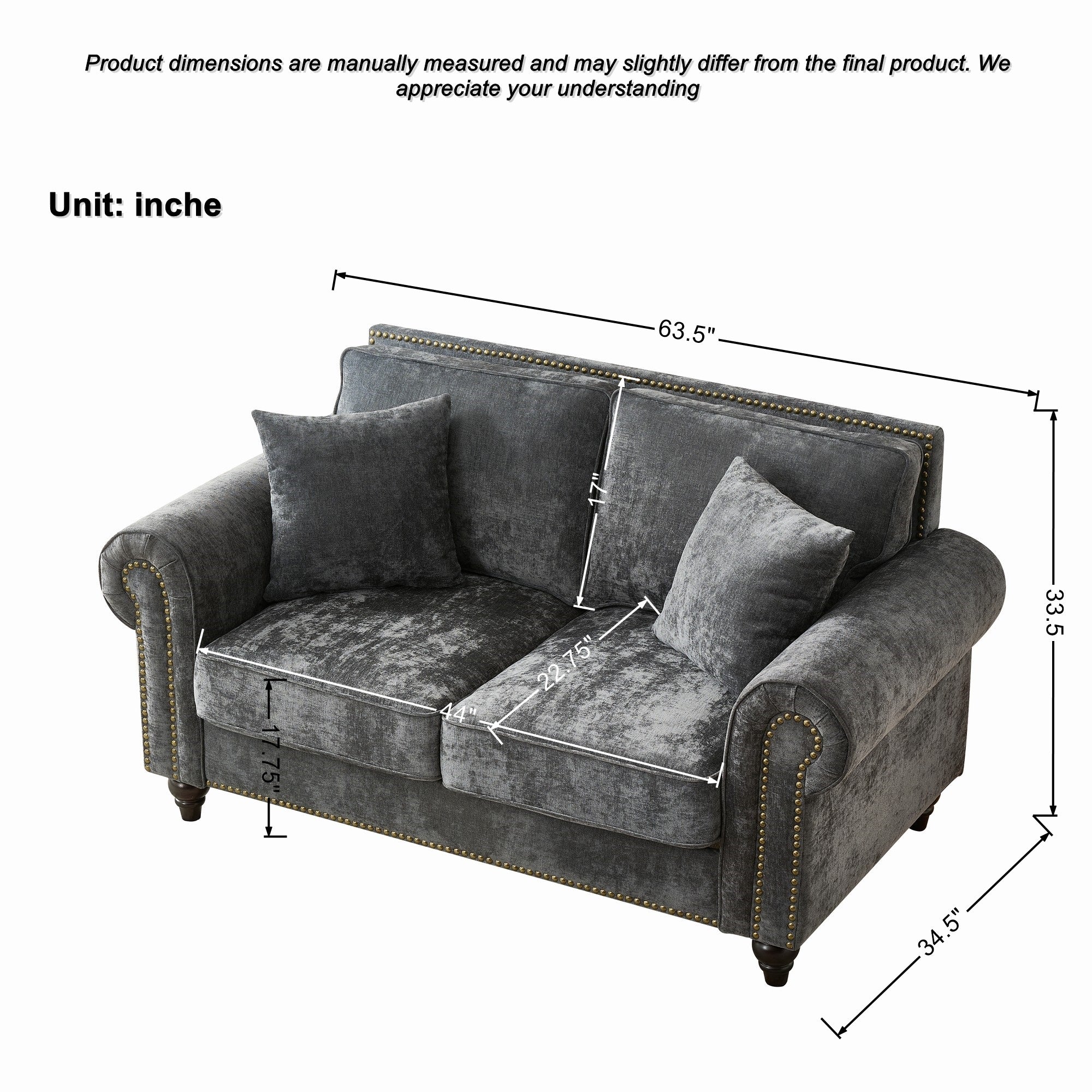 Modern 2-Seater Sofa with Rolled Arms, Tufted Upholstered Couch in Gray Fabric, 63 Inches - Grand Goldman Shop
