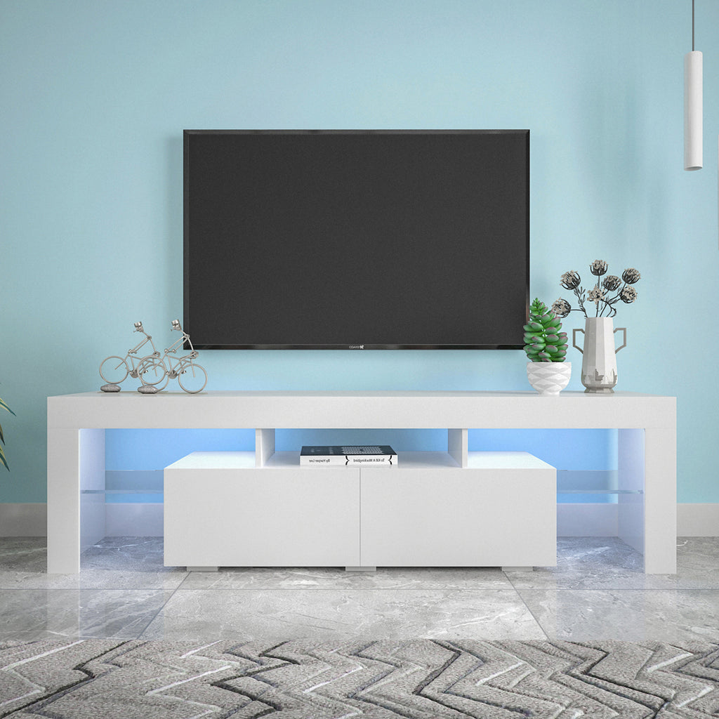 Modern White TV Stand, 20 Colors LED TV Stand w/Remote Control Lights - Grand Goldman Shop