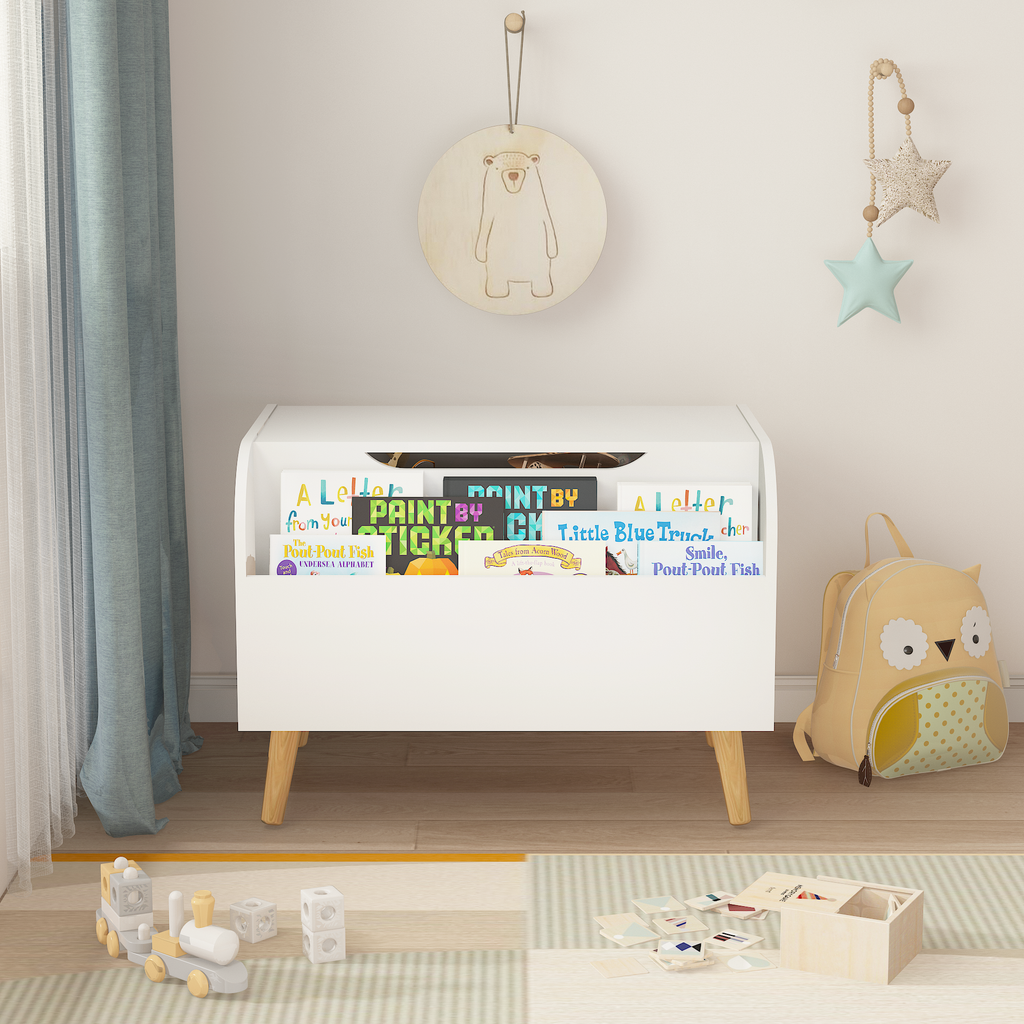 Wooden Toy Box with Front Bookshelf, Flip-Top Lid, Safety Hinge for Kids Room Organization in White, Solid Wood & MDF Constru