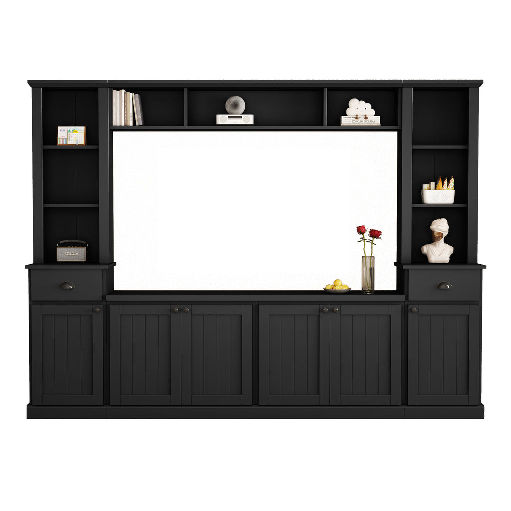 Minimalist Entertainment Wall Unit Set with Bridge for TVs Up to 75'', Ample Storage Space TV Stand with Adjustable Shelves, Modernist Large Media Console for Living Room, Black - Grand Goldman Shop