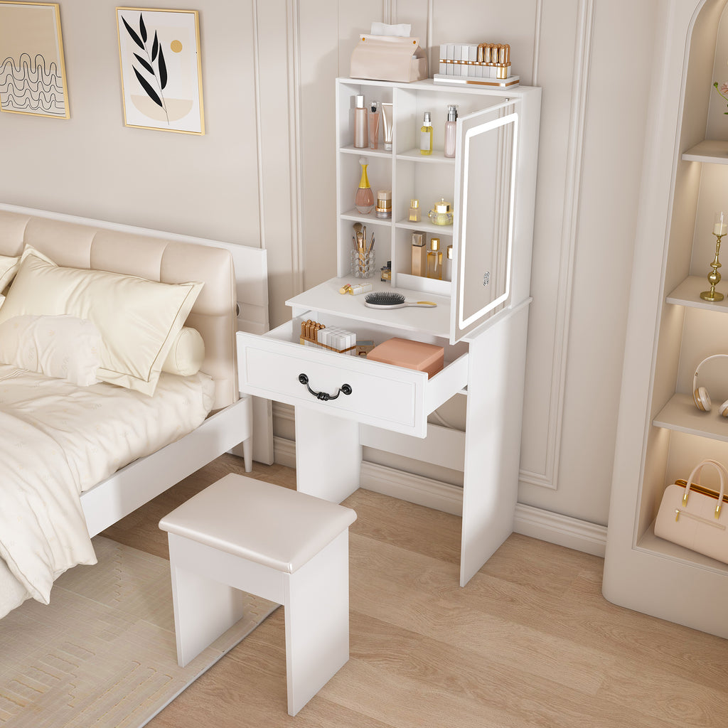 Modern Mini Dressing Table with LED-lit Mirror & Hidden Storage, Adjustable Brightness Vanity Desk, White - Grand Goldman Shop
