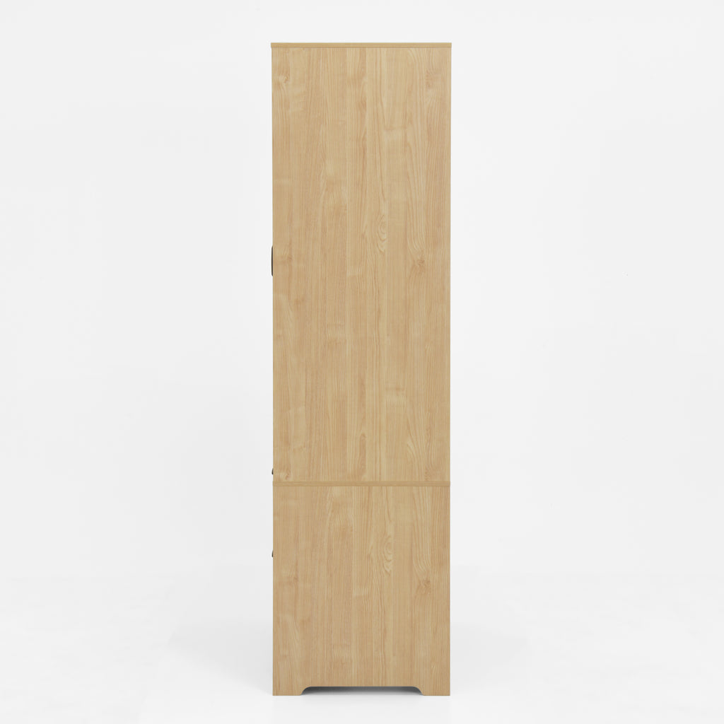 2 Door Wood Wardrobe for Bedroom with Hanging Clothing Rod inside the Cabinet and 2 Drawers for Storage Organization, Built-in induction light Multifunctional Closet with Mirror, Natural - Grand Goldman Shop