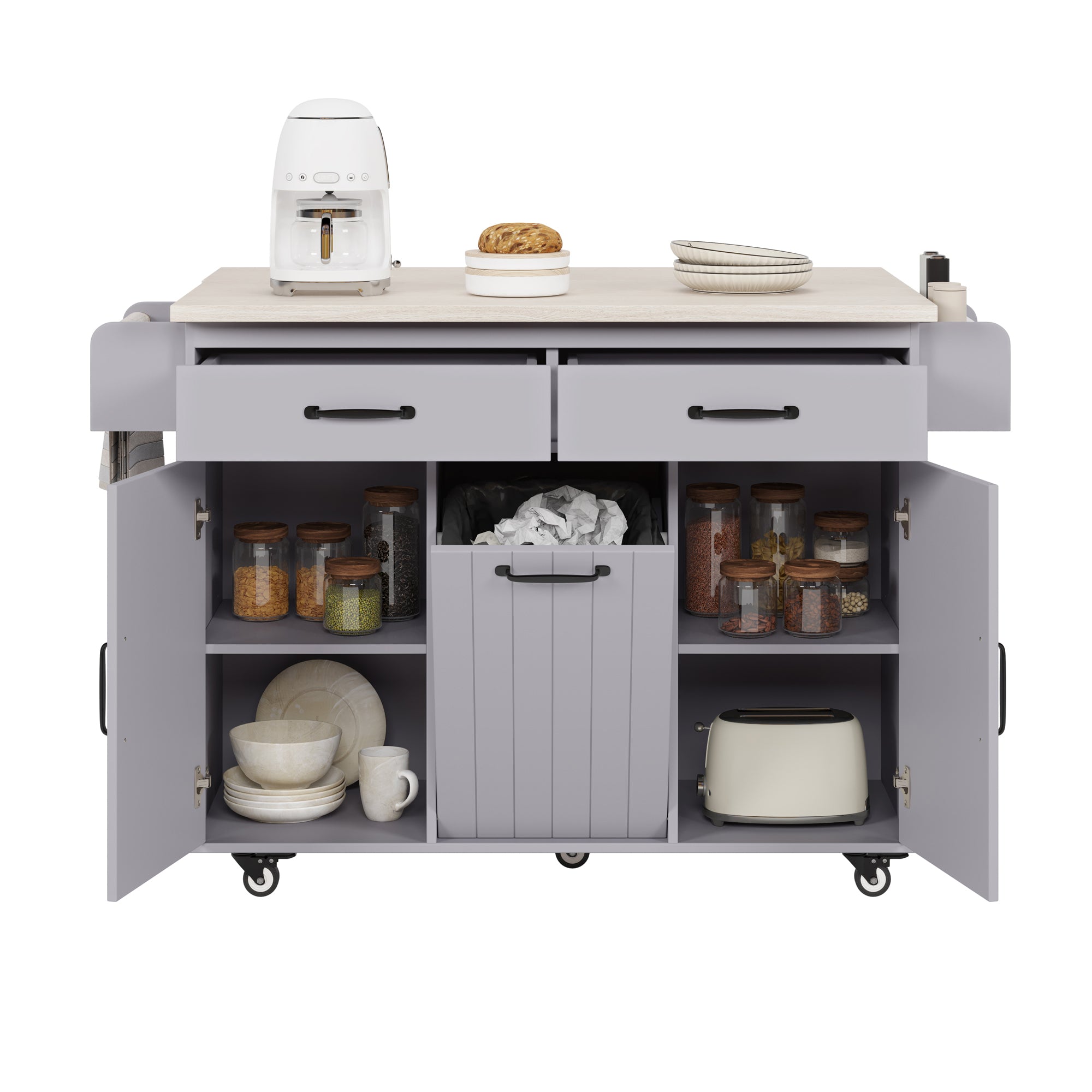 K&K Kitchen Island with Trash Can Storage Cabinet, Kitchen Cart with Drop Leaf, Spice Rack, Towel Rack and Drawer, Rolling Kitchen Island on Wheels with Adjustable Shelf, Grey - Grand Goldman Shop