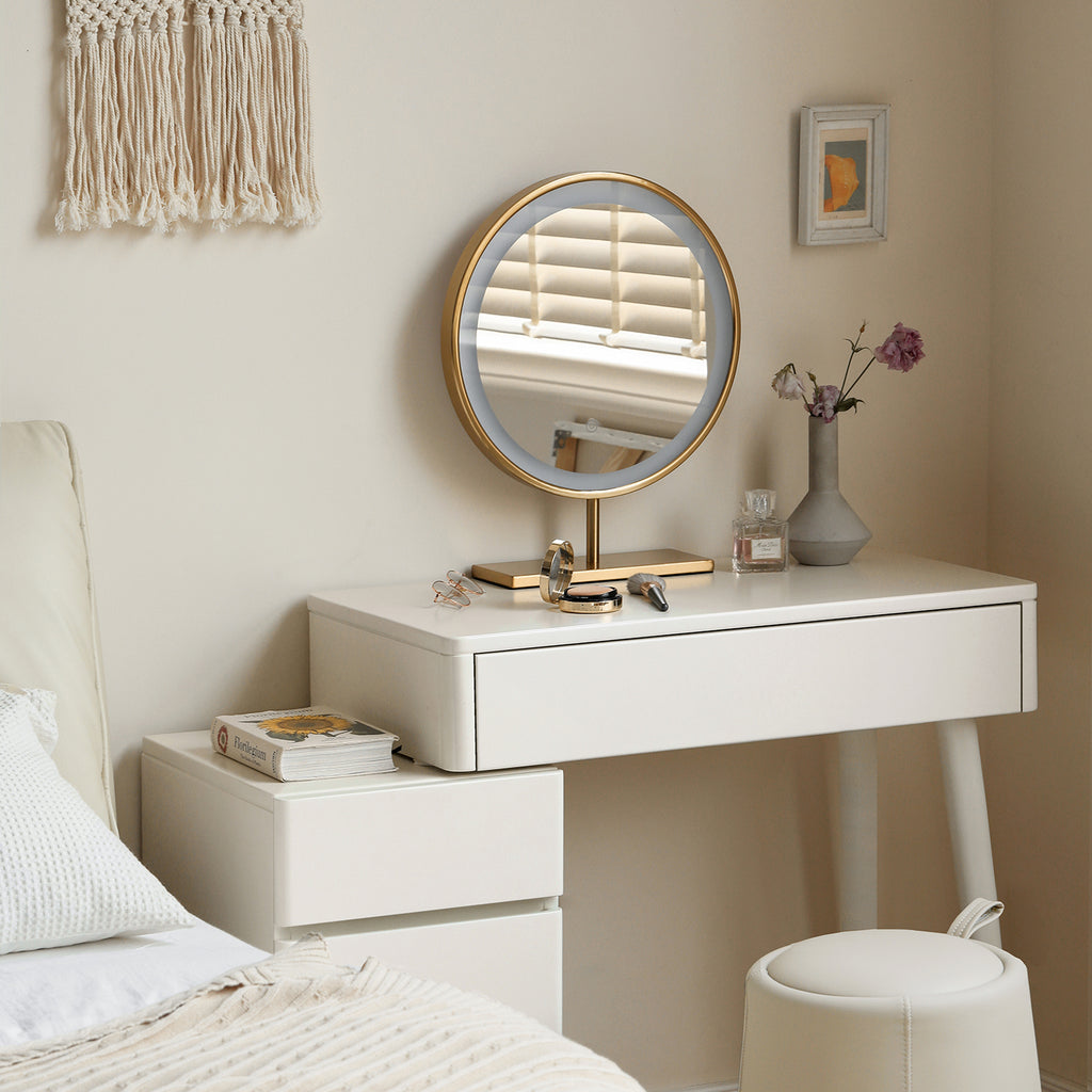 Elegant White Liriodendron Chinense Dresser Table with Stool, 100% Solid Wood, Compact Storage, 80cm Width - Grand Goldman Shop