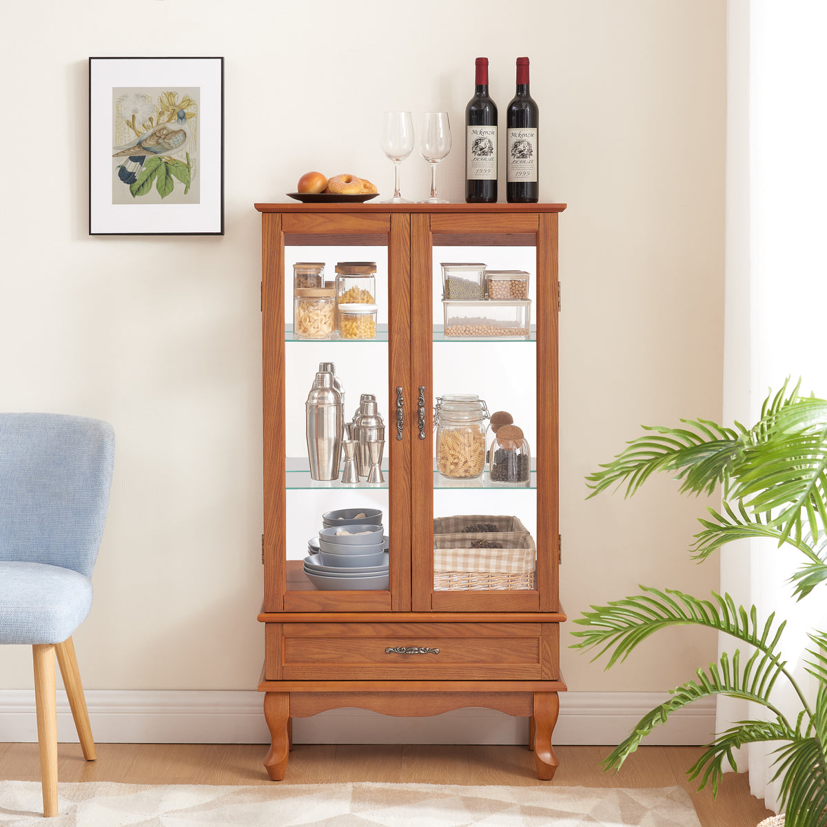 Lighted Glass Cabinet Glass Wine Cabinet Curio Display Cabinet with Adjustable Glass Shelves 2 Doors and 1 drawer Cabinet Bulb Included OAK - Grand Goldman Shop