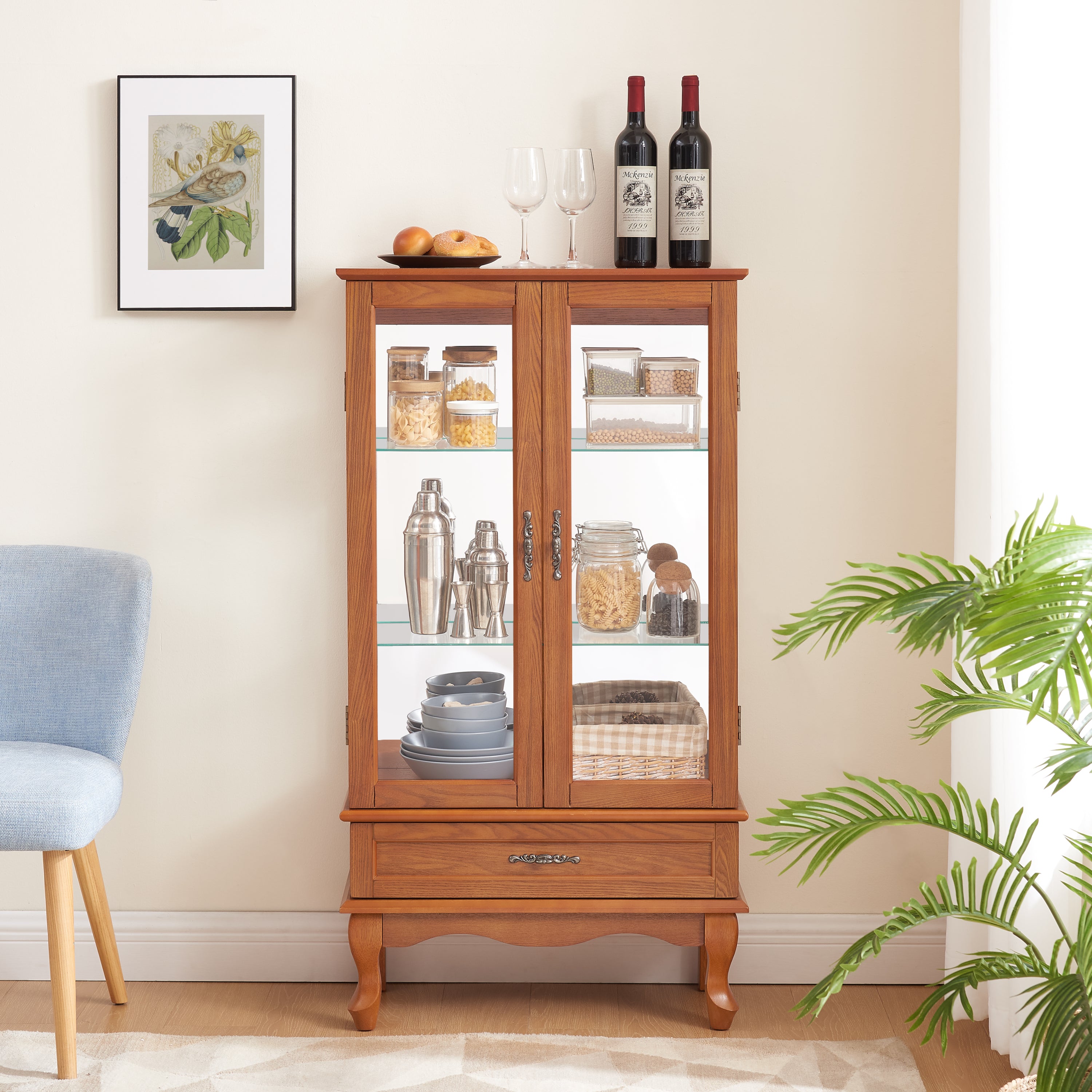 Lighted Glass Cabinet Glass Wine Cabinet Curio Display Cabinet with Adjustable Glass Shelves 2 Doors and 1 drawer Cabinet Bulb Included OAK - Grand Goldman Shop