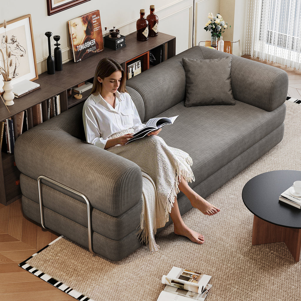 78.8' Compression Sofa,Convertible Floor Sofa Bed-with Pillow Back Support Armrest,Comfy Futon Couch Sleeper Bed,Loveseats Boneless Modular Sectional Sofa,Corduroy fabric,for Living Room,Bedroom,Grey - Grand Goldman Shop