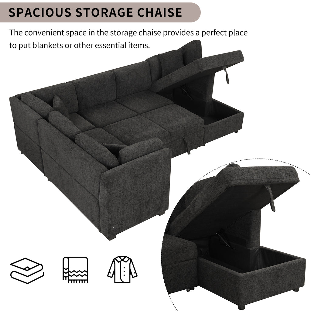 U-shaped Sectional Sofa Pull Out Bed with USB Ports, Power Sockets, Back Pillows & Storage Chaise, Black Chenille, 108.6' - Grand Goldman Shop