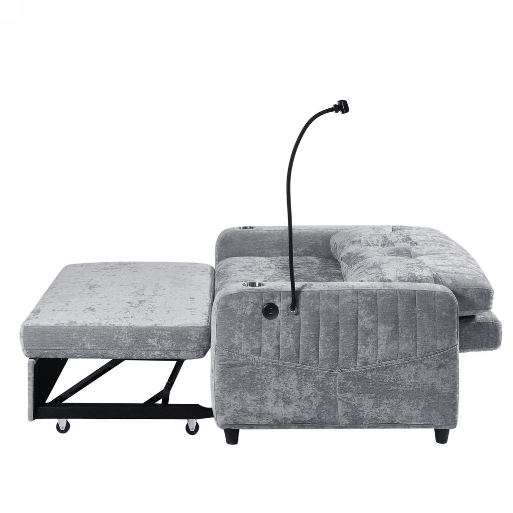 Modern Loveseat Pull-out Sofa Bed with Adjustable Backrest, Cup Holders, Phone Holder, Charging Ports, Side Storage Pockets, Grey Chenille - Grand Goldman Shop