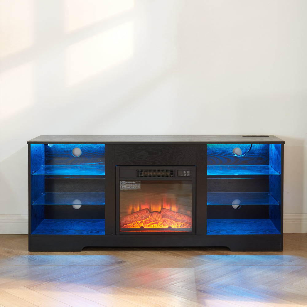TV Stand Electric Fireplace TV Stand with Glass Shelves, 3D Fireplace TV Stand with LED Lights Wood with USB Charging Outlet Modern Television Table Center for TV up to 32-62' Black 58''W*15.4''D*24.6 - Grand Goldman Shop