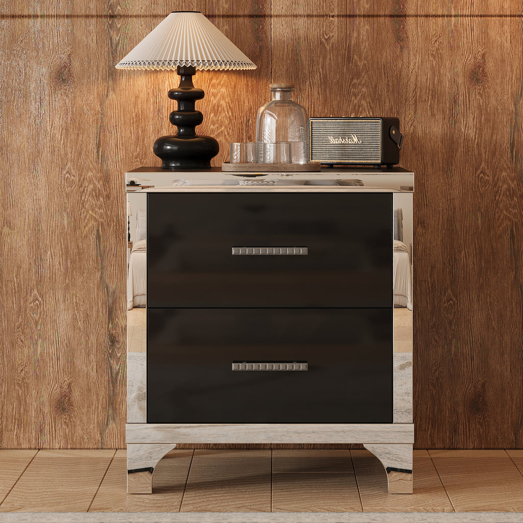 Elegant High Gloss Nightstand with Metal Handle,Mirrored Bedside Table with 2 Drawers for Bedroom,Living Room,Black - Grand Goldman Shop