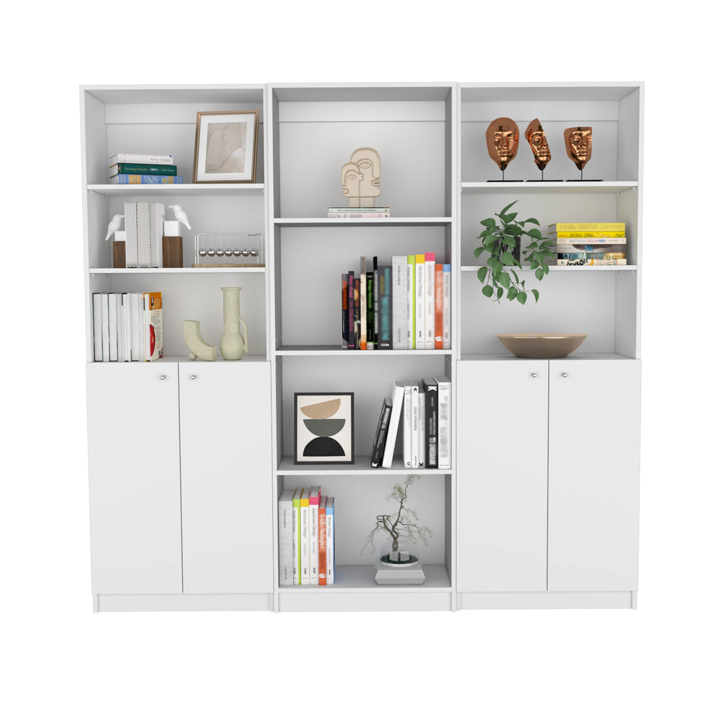 Hialeah 3 Piece Home Bookcase set, 74' Wide with 10 Shelves and Two Double-Door Cabinet ,  Living Room Set  White | Premium H