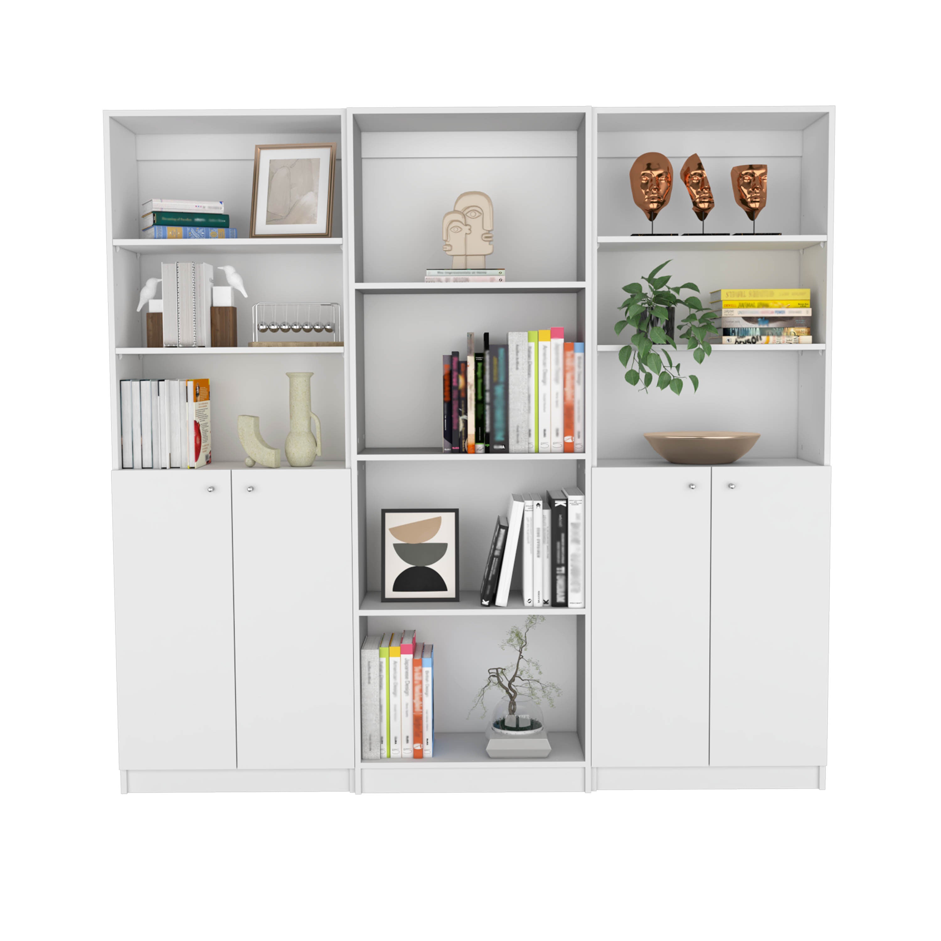 Hialeah 3 Piece Home Bookcase set, 74' Wide with 10 Shelves and Two Double-Door Cabinet ,  Living Room Set  White | Premium H