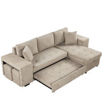 Modern L-Shape 3 Seat Reversible Sectional Couch with Pull Out Sleeper, Storage Chaise & 2 Stools, Cream, Linen Chenille - Grand Goldman Shop