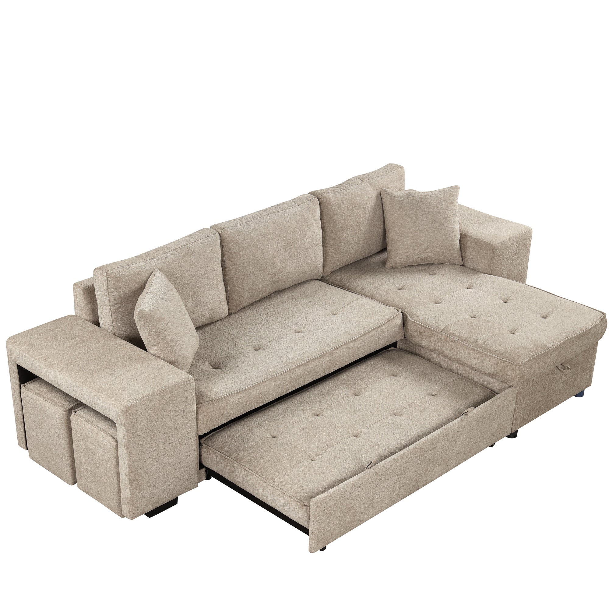 Modern L-Shape 3 Seat Reversible Sectional Couch with Pull Out Sleeper, Storage Chaise & 2 Stools, Cream, Linen Chenille - Grand Goldman Shop