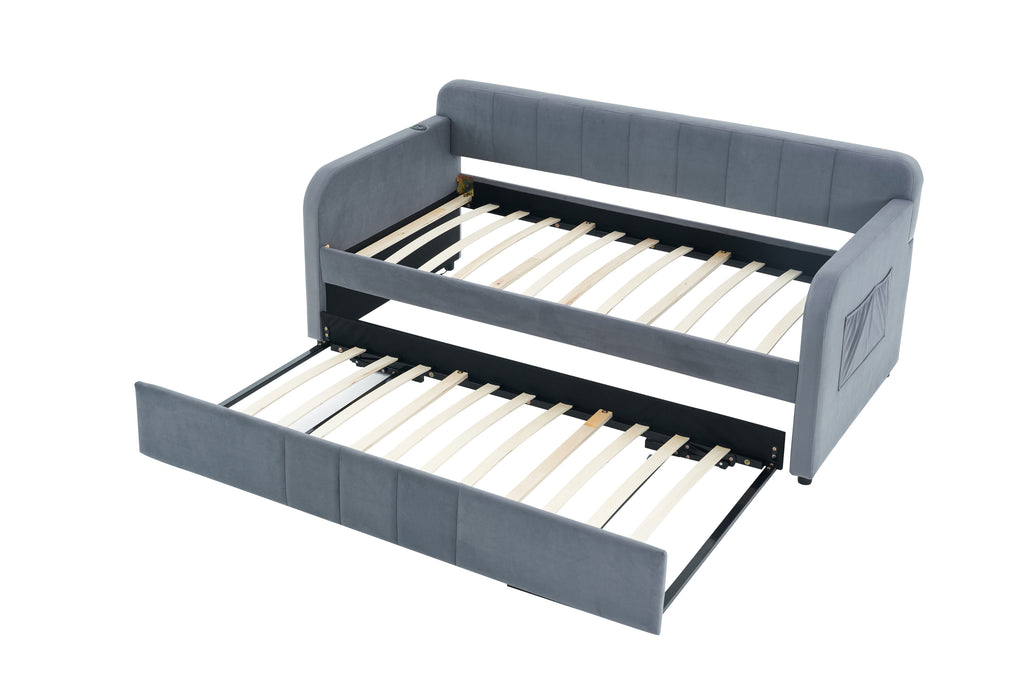 Twin Upholstered Daybed Frame with Trundle, Twin Size Sofa Bed for Bedroom Living Room Guest Room, Wood Slat Support,Grey - Grand Goldman Shop