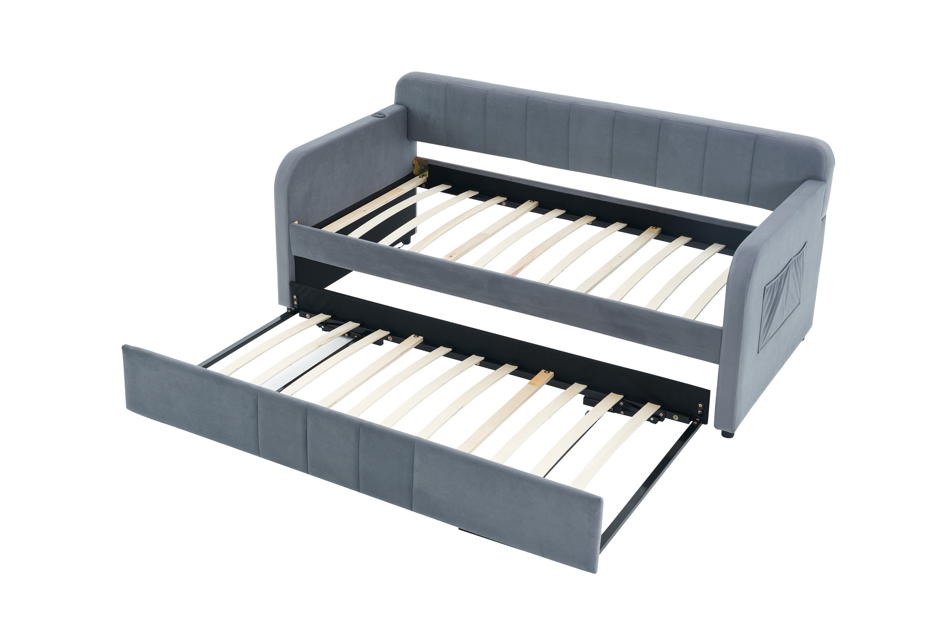 Twin Upholstered Daybed Frame with Trundle, Twin Size Sofa Bed for Bedroom Living Room Guest Room, Wood Slat Support,Grey - Grand Goldman Shop