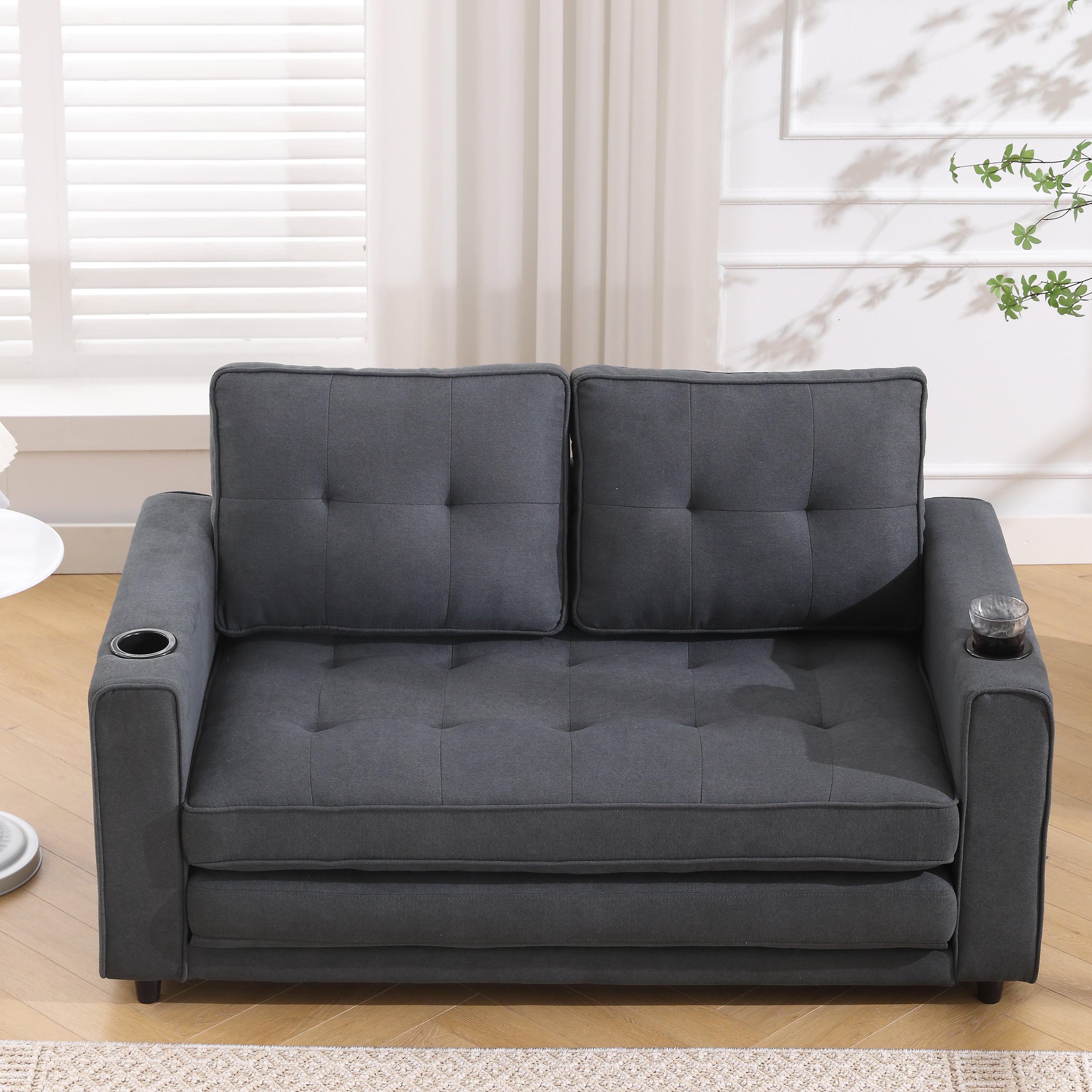 {VIDEO Provided}3-in-1 Upholstered Futon Sofa Convertible Sofa bed,Foldable Tufted Loveseat with Pull Out Sleeper Couch Bed,Folding Mattres Love Seat Daybed W/Side Pockets and Cup Holder, Dark Gray - Grand Goldman Shop