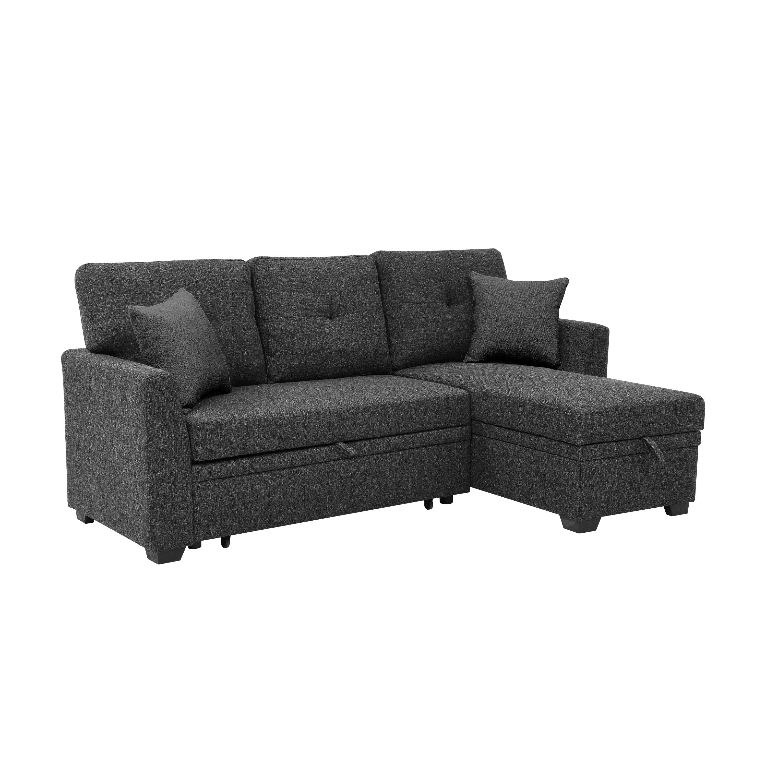 76.5' Linen Blend Upholstered Sectional with Pull-Out Bed and Chaise Storage - Grand Goldman Shop