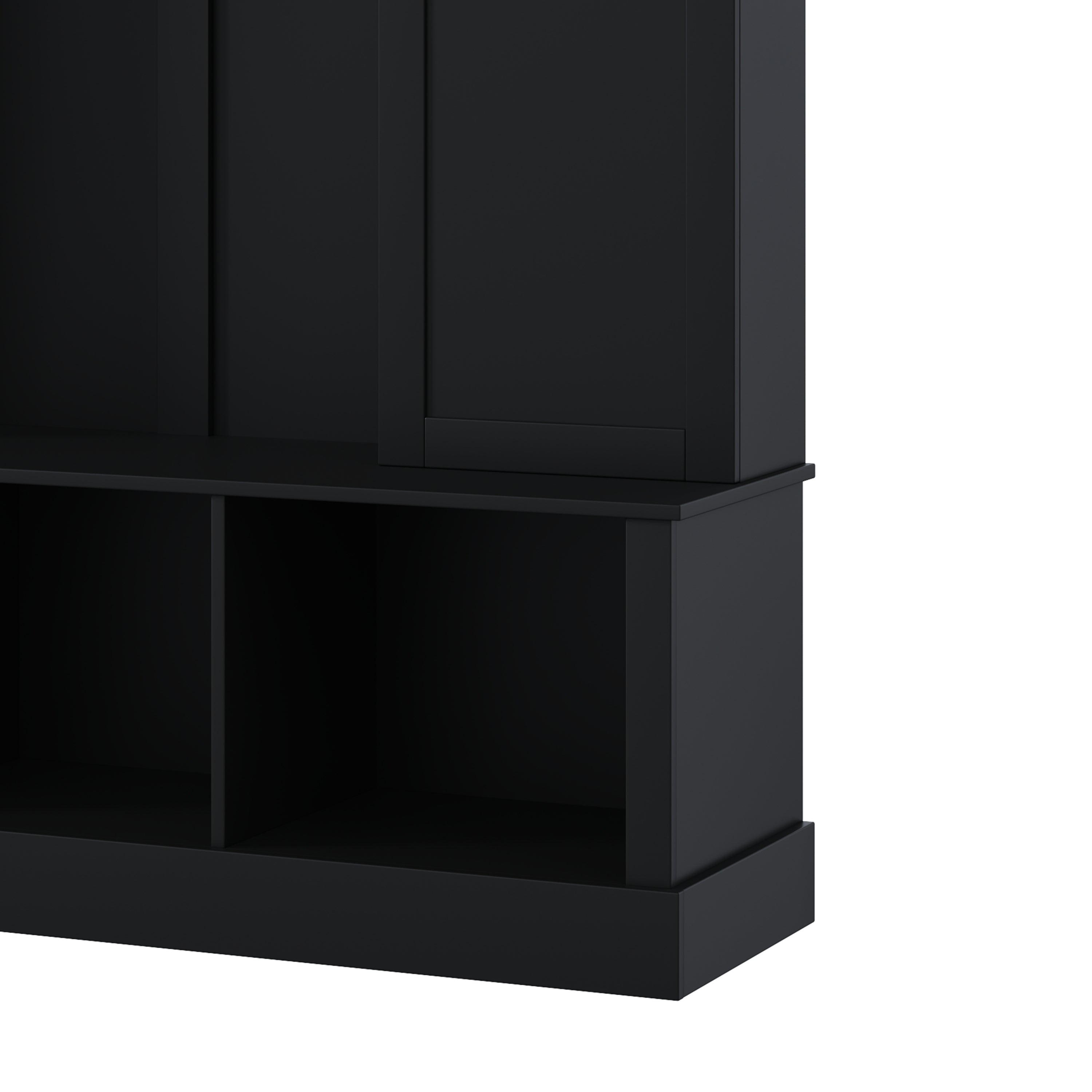 ON-TREND Modern All-in-One Hall Tree with Adjustable Shelves, Classic Arched Farmhouse Storage Bench with Dual Side Cabinets, Elegant Entryway Organizer with 7 Hooks for Mudroom, Hallway, Black - Grand Goldman Shop