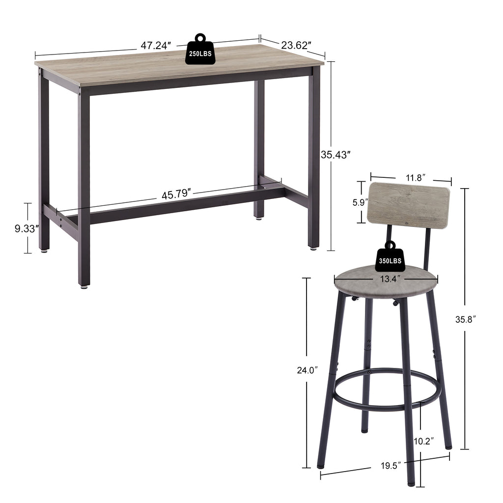 Bar Table Set with 4 Bar stools PU Soft seat with backrest, Grey, 47.24'' L x 23.62'' W x 35.43'' H - Grand Goldman Shop