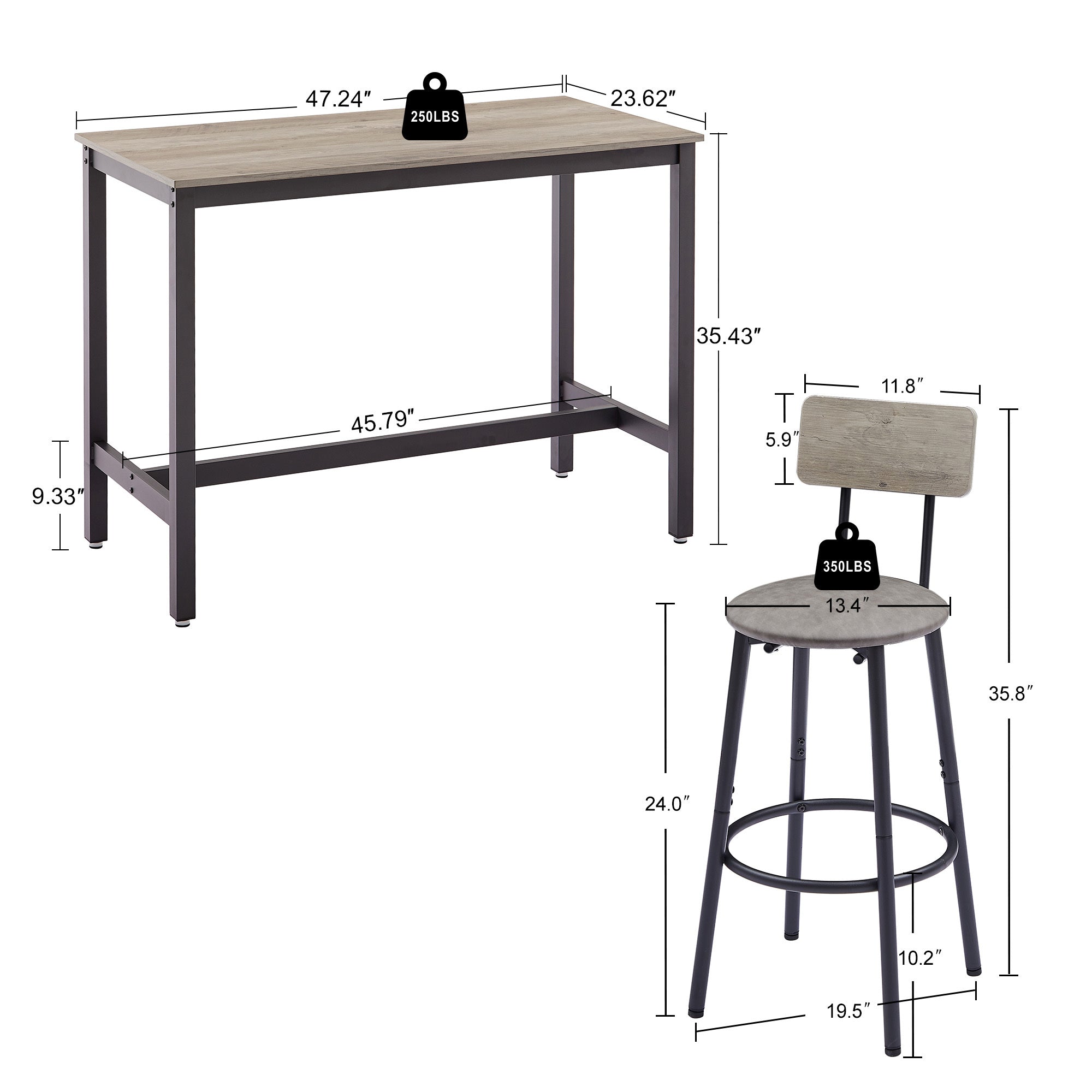 Bar Table Set with 4 Bar stools PU Soft seat with backrest, Grey, 47.24'' L x 23.62'' W x 35.43'' H - Grand Goldman Shop