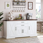 White Farmhouse Barn Door Storage Cabinet with 2 Drawers & Door Rack, Adjustable Shelves, MDF Construction, 63.11' L x 15.75' W x 32.09' H - Grand Goldman Shop