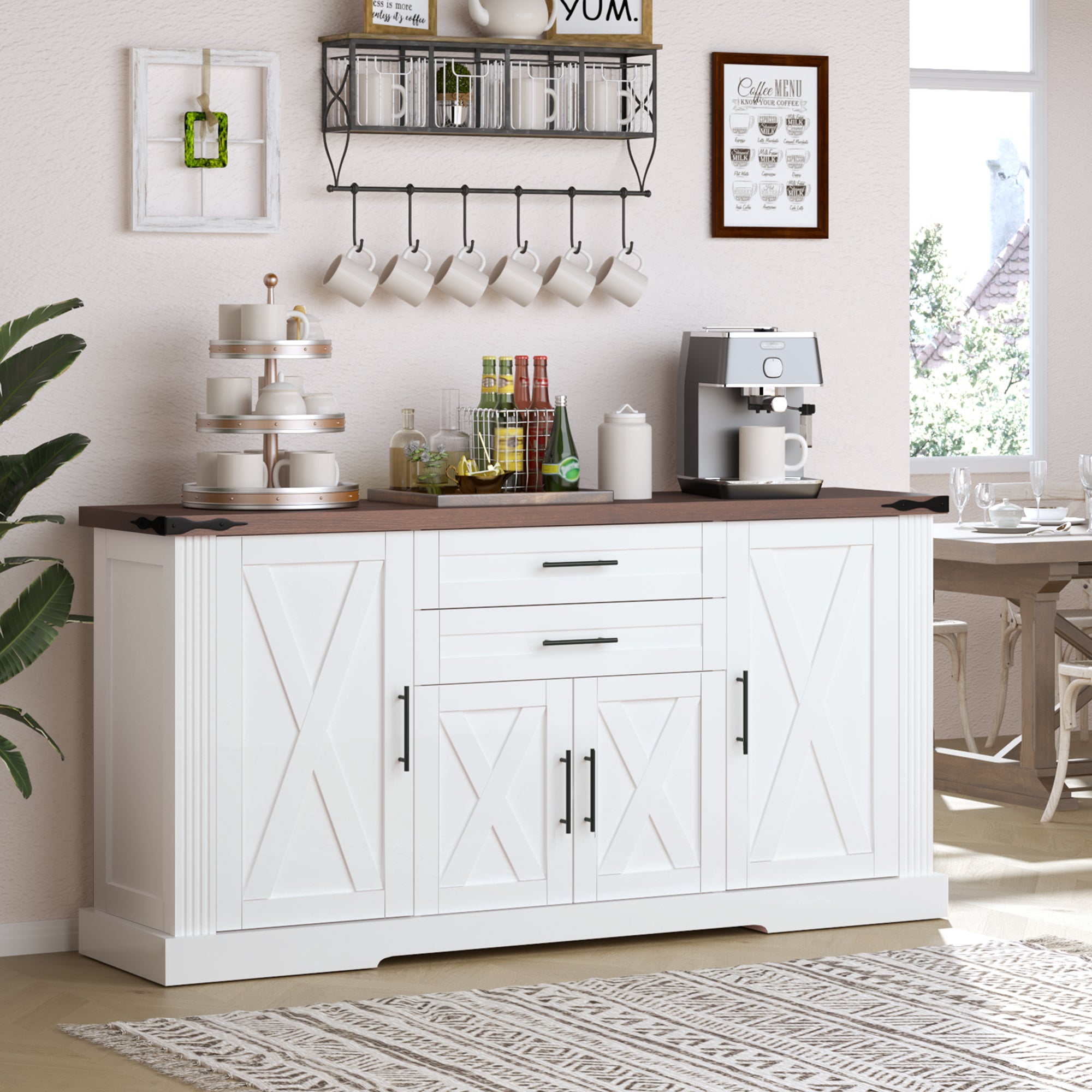 White Farmhouse Barn Door Storage Cabinet with 2 Drawers & Door Rack, Adjustable Shelves, MDF Construction, 63.11' L x 15.75' W x 32.09' H - Grand Goldman Shop