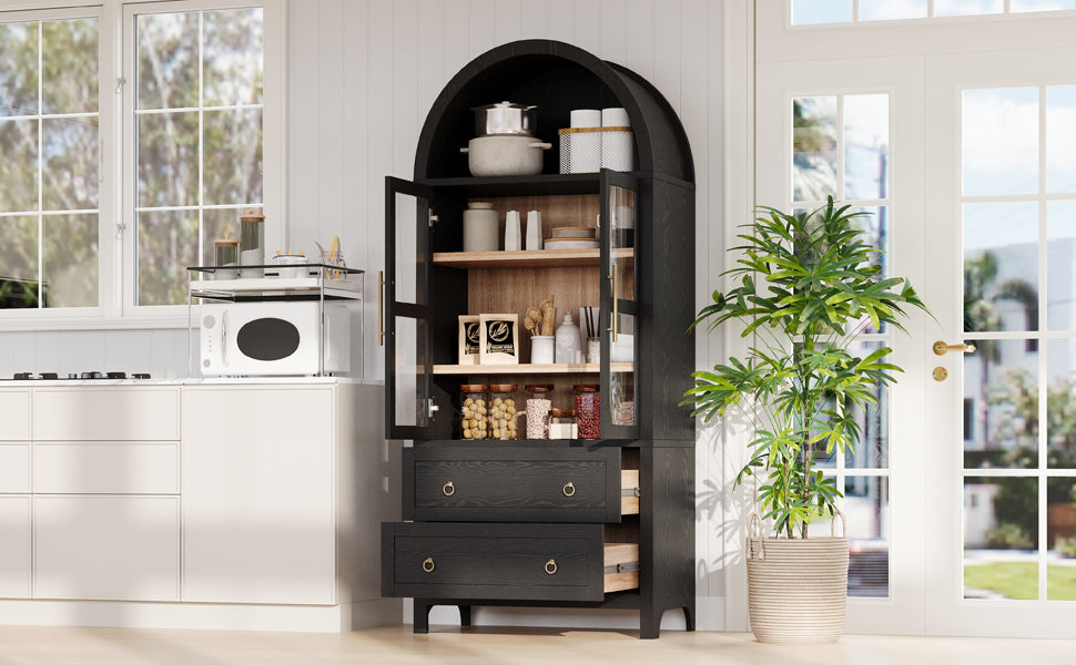 K&K 71' Tall Arched Kitchen Pantry Cabinet with 2 Large Drawers, Modern Farmhouse Kitchen Storage Cabinets with Adjustable Shelves, Glass Door, Wood Versatile Cupboard for Kitchens, Dining Room, Black - Grand Goldman Shop