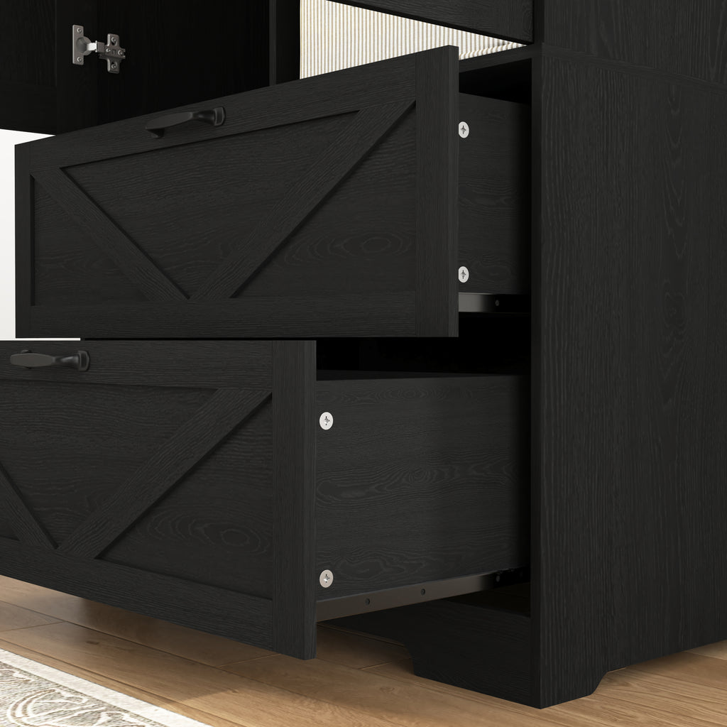 2 Door Wood Wardrobe for Bedroom with Hanging Clothing Rod inside the Cabinet and 2 Drawers for Storage Organization, Built-in induction light Multifunctional Closet with Mirror, Black - Grand Goldman Shop