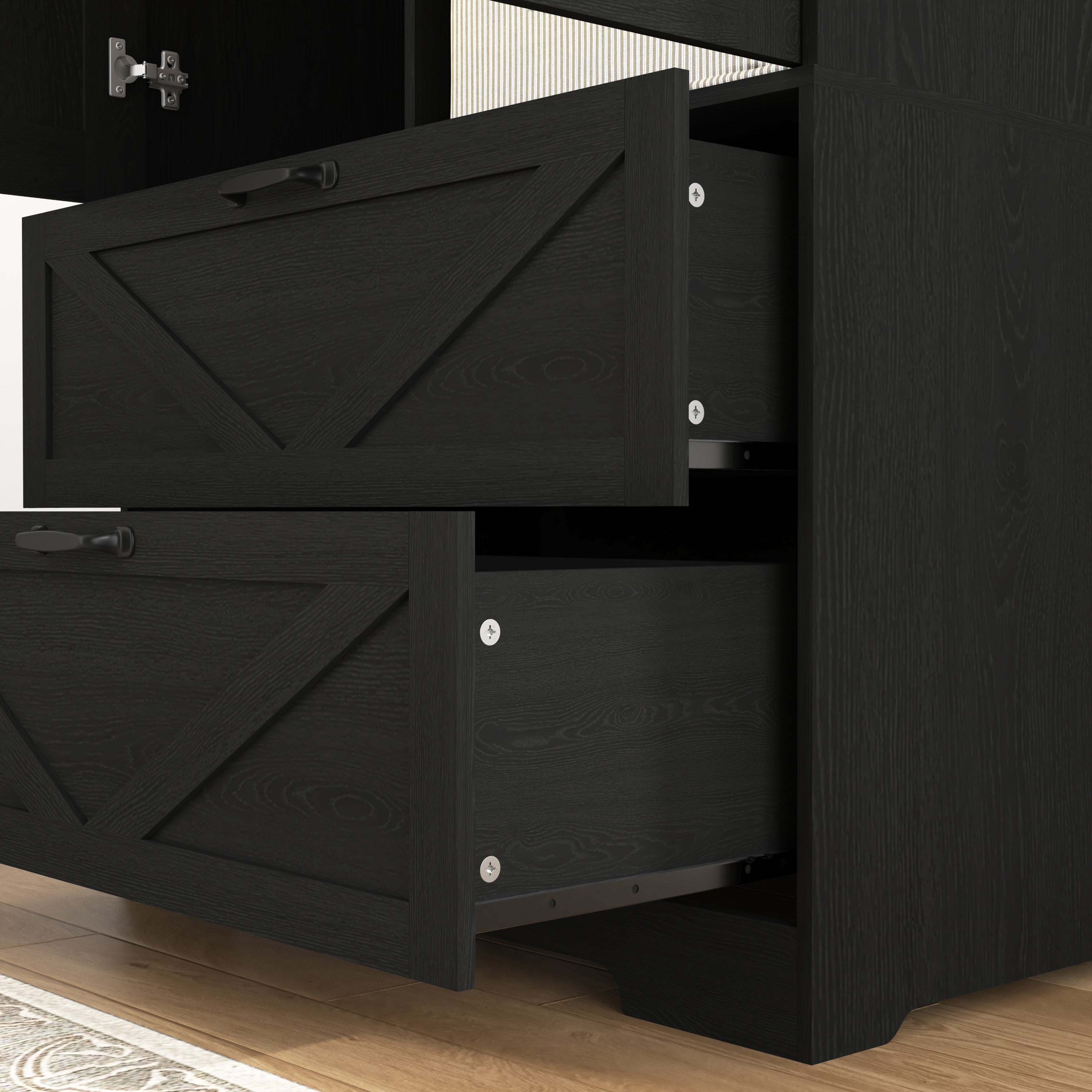 2 Door Wood Wardrobe for Bedroom with Hanging Clothing Rod inside the Cabinet and 2 Drawers for Storage Organization, Built-in induction light Multifunctional Closet with Mirror, Black - Grand Goldman Shop