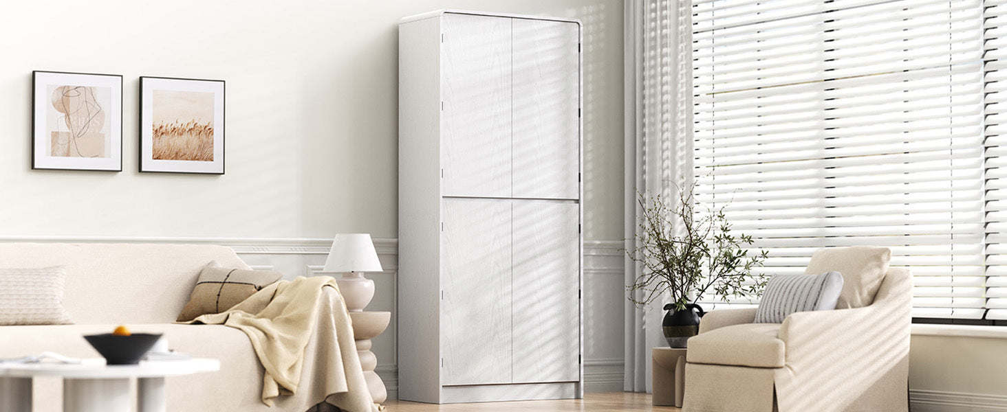 K&K 72' Tall Farmhouse Kitchen Pantry Cabinet with 8 Door Shelves, Curved Design Storage Cabinet with 3 Adjustable Shelves, Hidden Drawer, Versatile Cupboard for Kitchen, Dining & Bathroom, White - Grand Goldman Shop