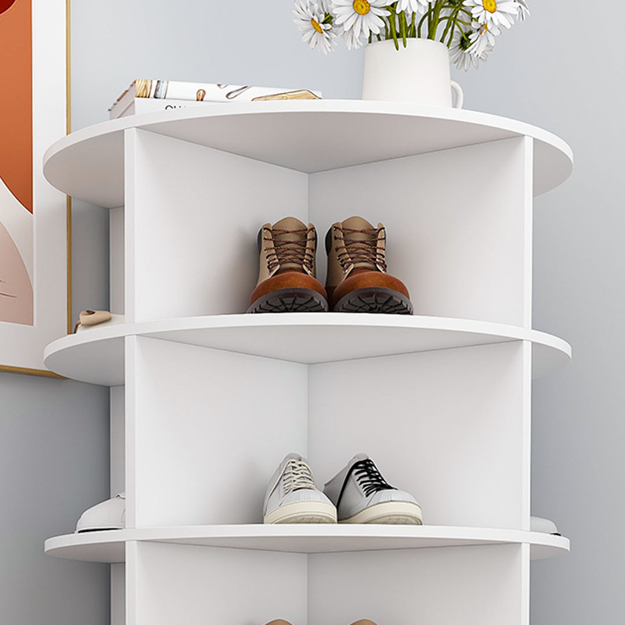 Rotating Shoe Rack Tower, 8-Tier Spinning Storage Rack, Free Standing 360° Revolving Organizer in White with PVC Construction, Holds 32 Pairs of Shoes - Grand Goldman Shop