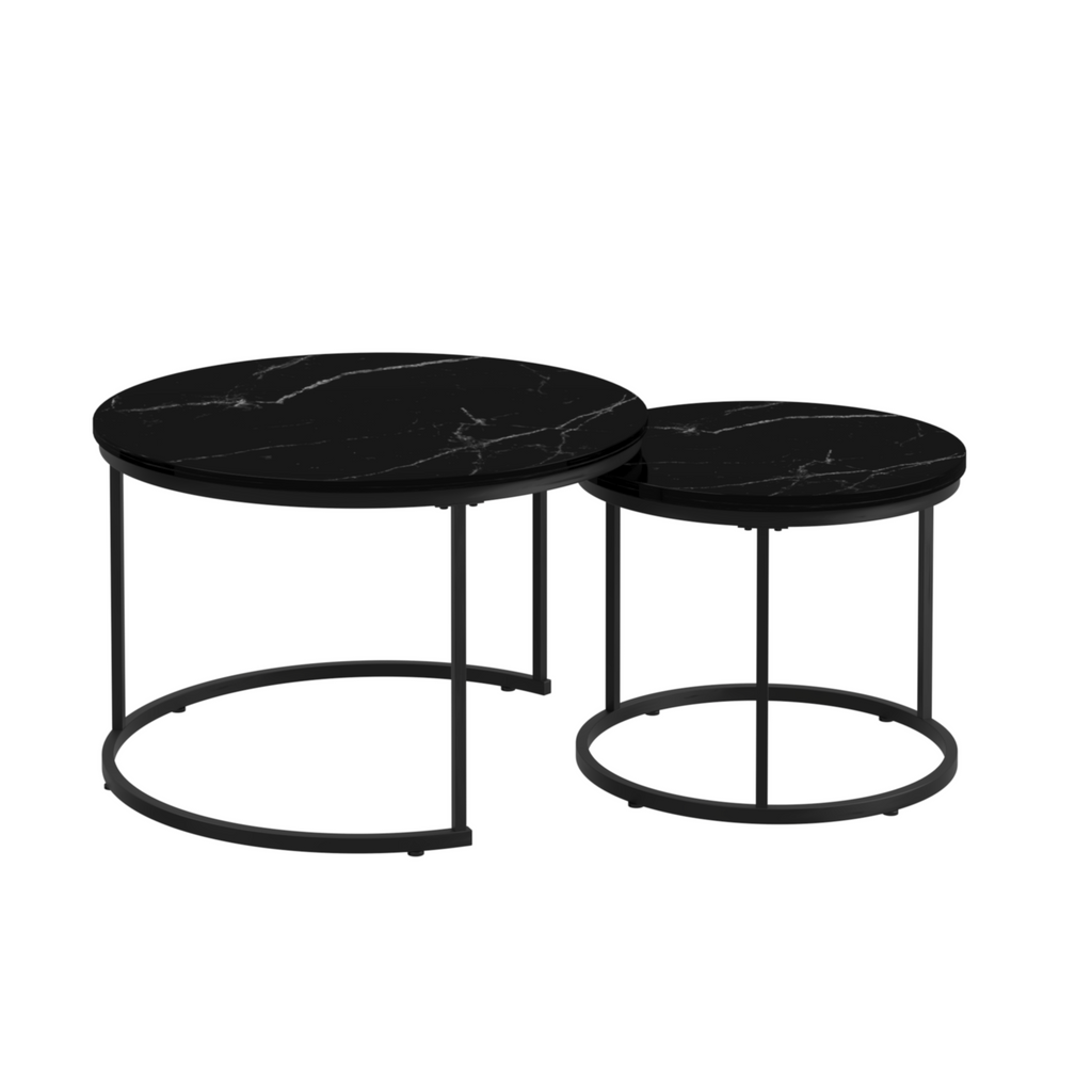 Nesting Coffee Table Set of 2, 27.6in Round Wood Marble Pattern Top with Sturdy Metal Frame, Black Living Room Side Tables for Bedroom Balcony Yard - Grand Goldman Shop