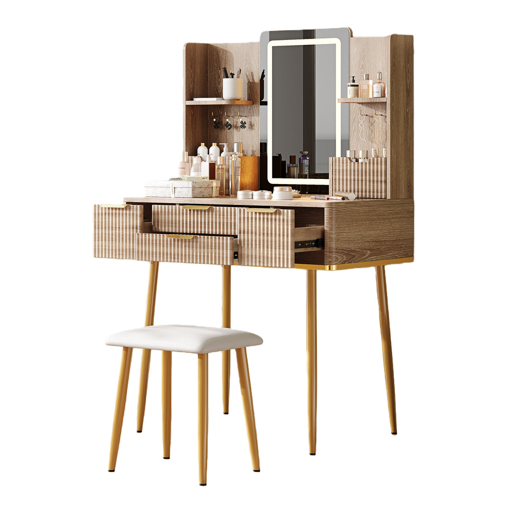 4-Drawer Vanity Desk with LED Mirror & Carved Details, Fluted Makeup Table with Metal Legs and PU Stool, Carved Dressing Table with Jewelry Storage for Bedroom - Grand Goldman Shop