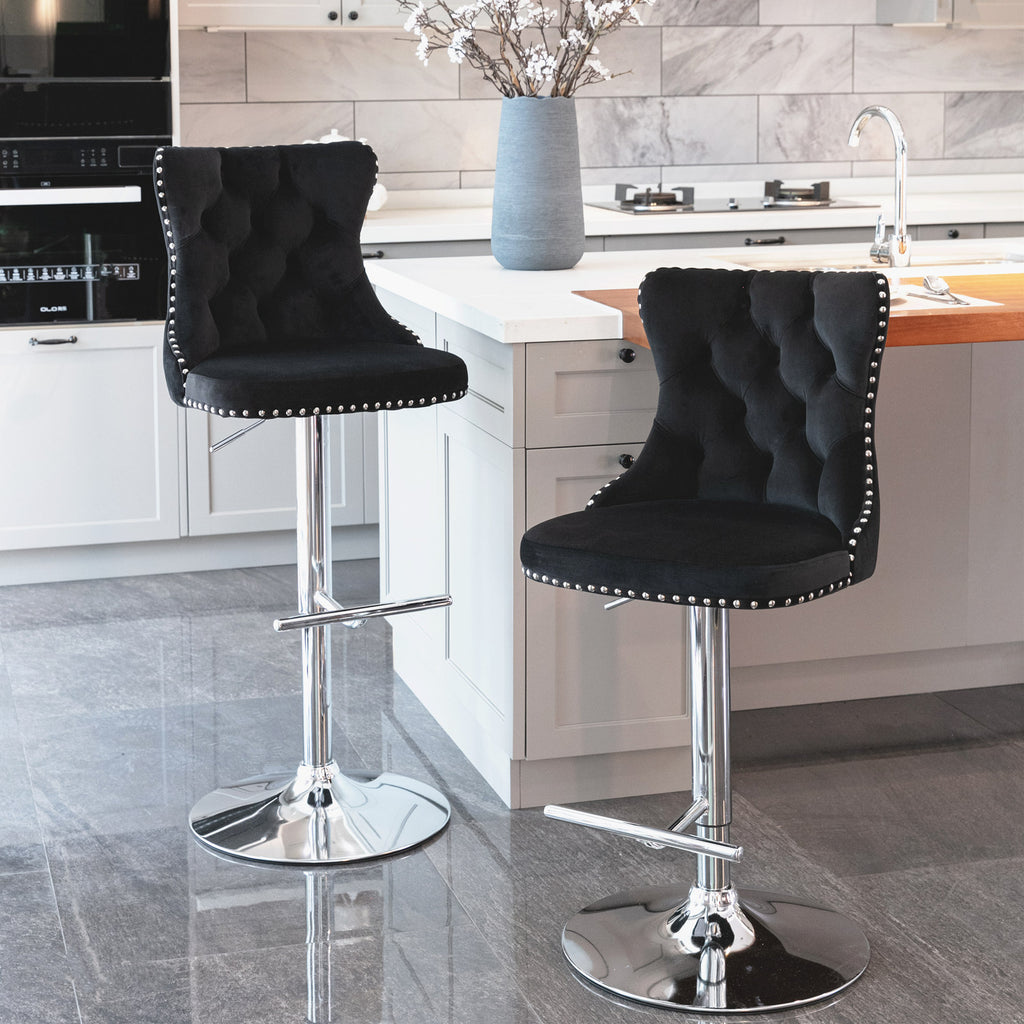 A&A Furniture Modern Swivel Velvet Barstools with Adjustable Height and Chrome Base, Black, Set of 2 - Grand Goldman Shop