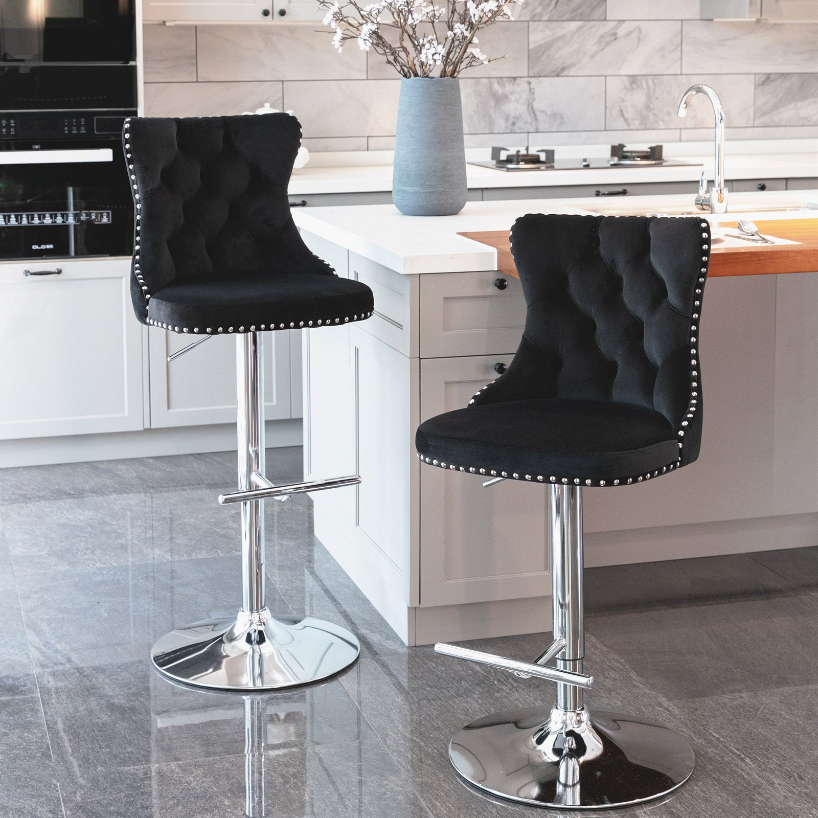 A&A Furniture Modern Swivel Velvet Barstools with Adjustable Height and Chrome Base, Black, Set of 2 - Grand Goldman Shop